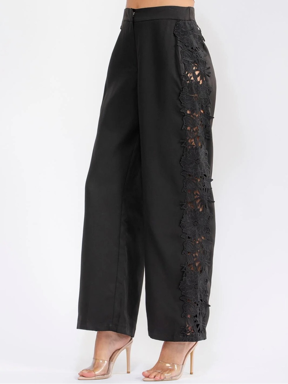 Women’s Black Crochet-Trim Wide Leg Pants - Picture 2 of 4